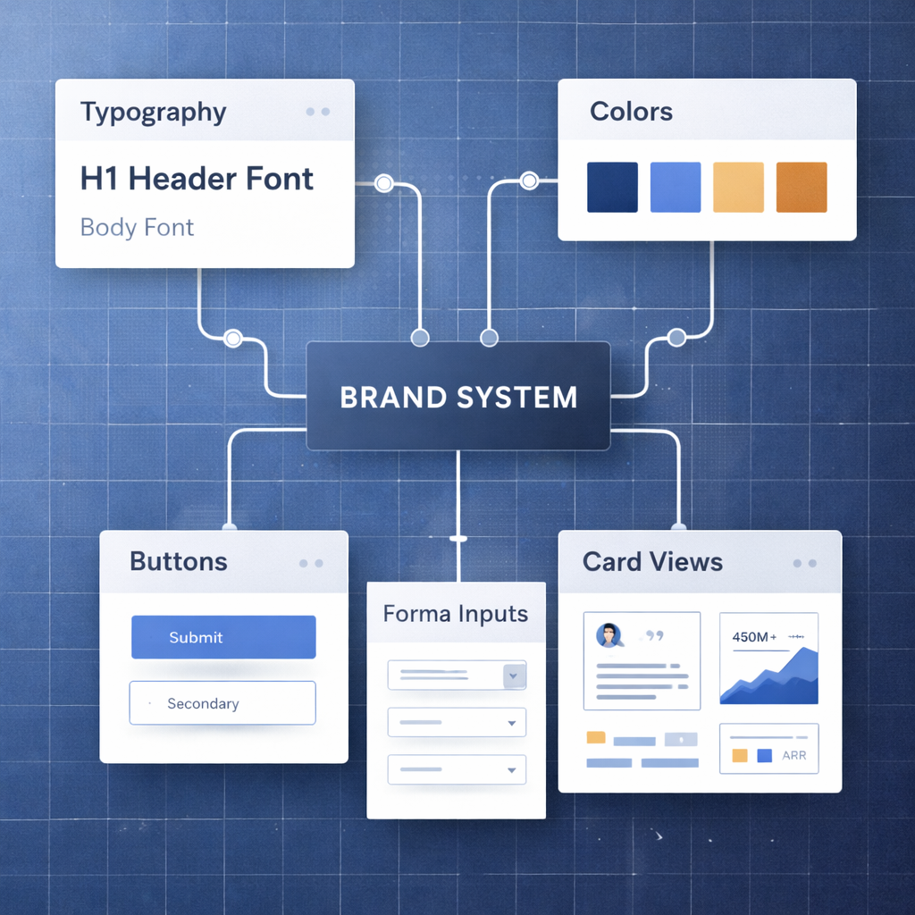 Brand system chart connecting typography, colors, and UI components