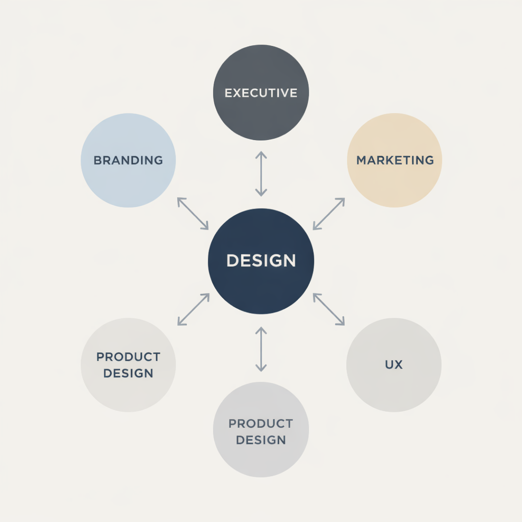 Diagram showing design team at the center of marketing, branding, product design, and executive leadership ecosystem.