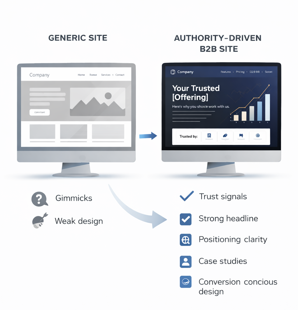 Generic Website vs Authority-Driven B2B Website Transformation Diagram