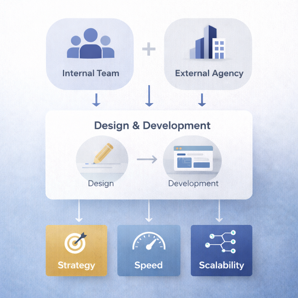 Internal team + external agency = strategy, speed, scalability