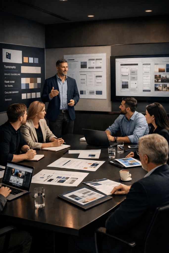 Strategic design leadership team reviewing a full brand and UX system in a premium modern marketing agency command center.