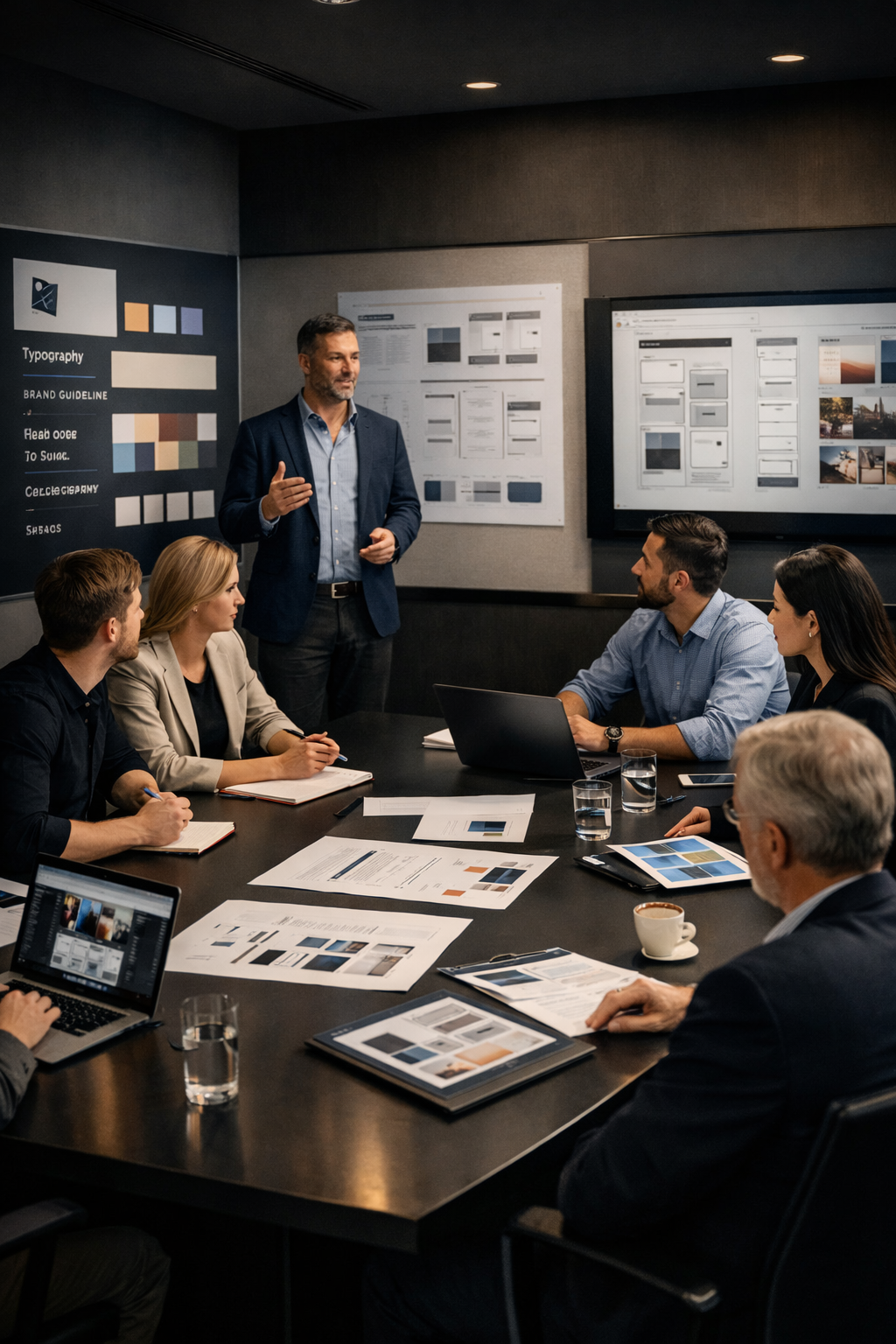 Strategic design leadership team reviewing a full brand and UX system in a premium modern marketing agency command center.